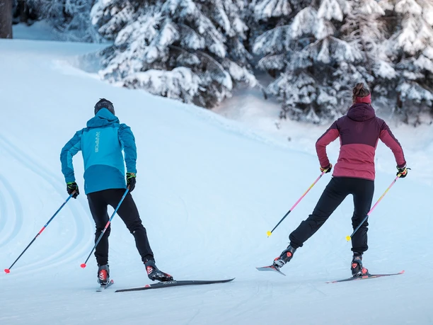 Schnee, Berge, Bäume, Loipen, Langläufer/In, steiler Aufstieg
