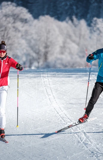 Präparierte Loipe, Wald, Schnee, Langläufer/In