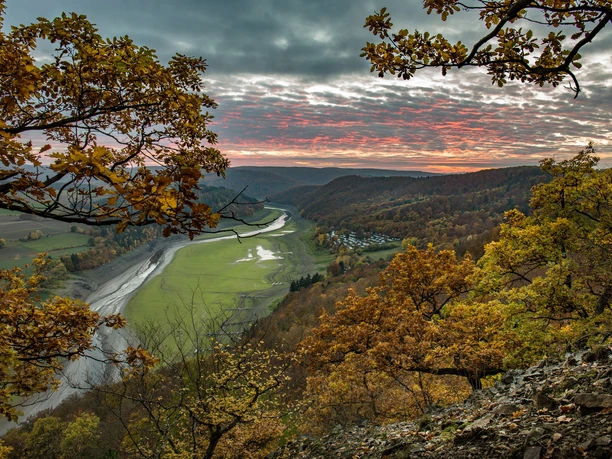 Herbstlicher Sonnenuntergang von einem knorrigen Eichenhang