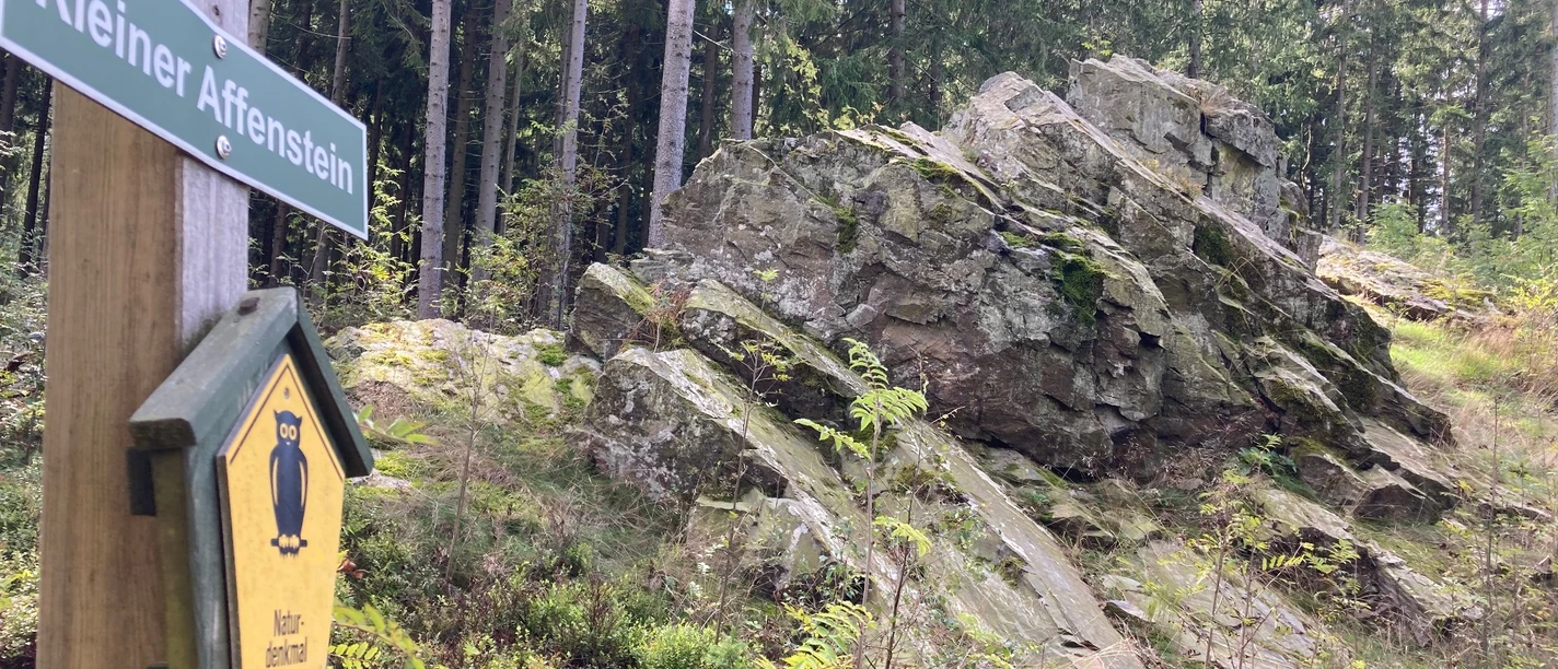 kleiner Affenstein, erster Felsen mit Infotafel am Felsenweg 1