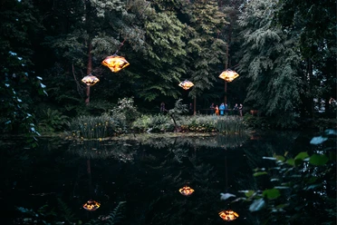 Beleuchtete Purple-Path Kunstinstallation "Color Floating" von Nevin Aladag über dem Austelteich in Zwönitz