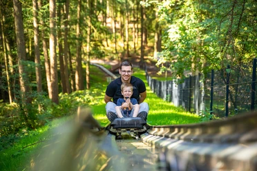 Sommerrodelbahn Surwold Ein Mann und ein Kind rodeln lachend in einem Wagen durch einen sonnigen Wald auf einer Sommerrodelbahn.