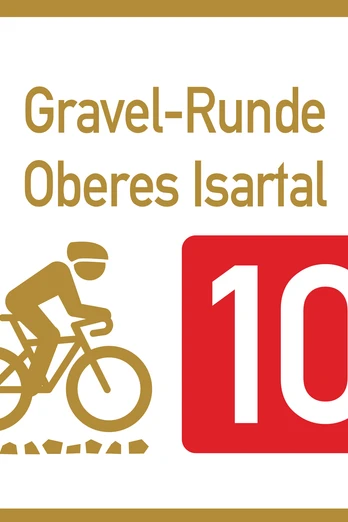 Wegweiser Graveltour Oberes Isartal Graveltour-Wegweiser mit Radfahrer-Symbol und Nummer 10 im Oberen Isartal.