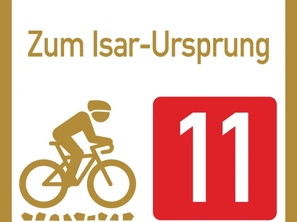 Wegweiser Graveltour Zum Isar Ursprung Wegweiser mit Radfahrer und der Nummer 11 zur Graveltour "Zum Isar-Ursprung".