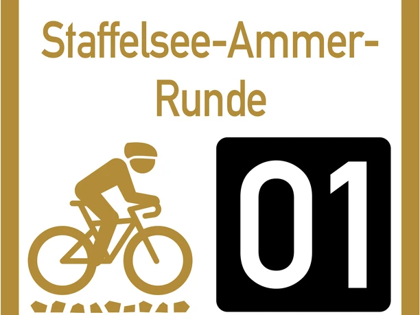 Wegweiser Graveltour Staffelsee Ammer Runde Wegweiser zur Graveltour Staffelsee-Ammer Runde mit Radfahrer-Symbol.