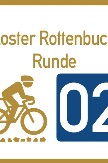 Wegweiser Graveltour Kloster Rottenbuch Runde Kloster Rottenbuch Runde Schild mit Radfahrer und Zahl 02.