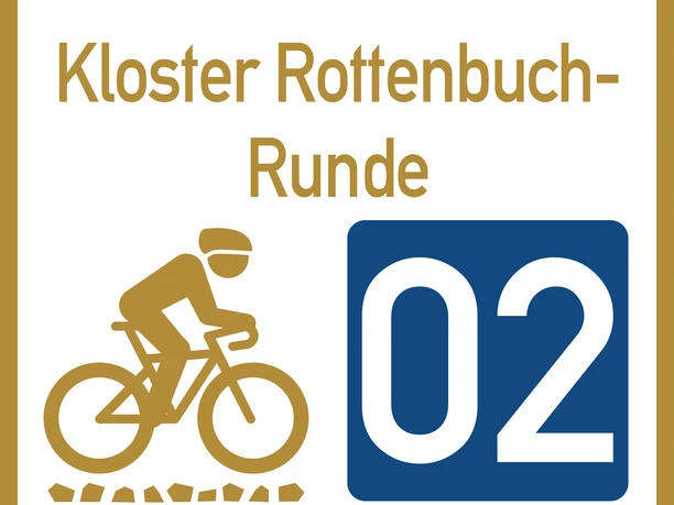 Wegweiser Graveltour Kloster Rottenbuch Runde Kloster Rottenbuch Runde Schild mit Radfahrer und Zahl 02.