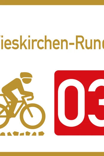 Wegweiser Graveltour Wieskirche Runde Wegweiser für die Wieskirchen-Runde, mit Gravelbike-Symbol und Nummer 03 auf rotem Feld.