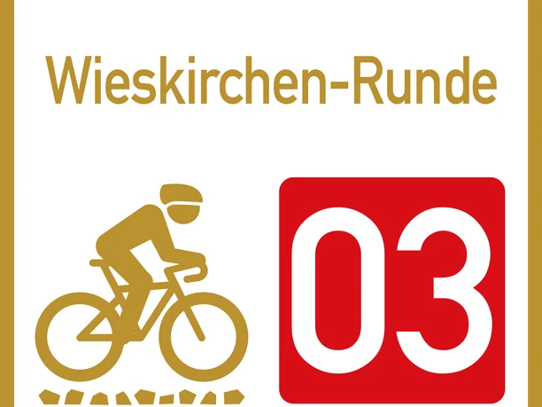Wegweiser Graveltour Wieskirche Runde Wegweiser für die Wieskirchen-Runde, mit Gravelbike-Symbol und Nummer 03 auf rotem Feld.