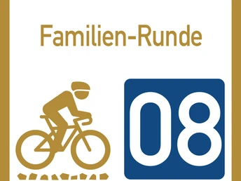 Wegweiser Graveltour Familien Runde Wegweiser zur beschilderten Familien-Radroute mit der Nummer 08, zeigt Radfahrer-Symbol.