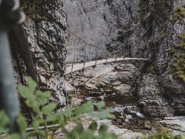Von der kleinen Hängebrücke hat man eine super Sicht auf den Wasserfall Chessiloch in Flühli