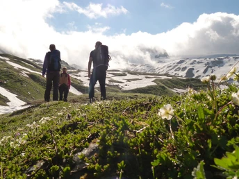 Wandergruppe unterwegs Richtung Schneefeld