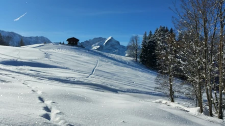 Blick auf die Alpspitze Verschneite Hänge mit einer kleinen Hütte vor markanten Bergen unter klarem blauem Himmel