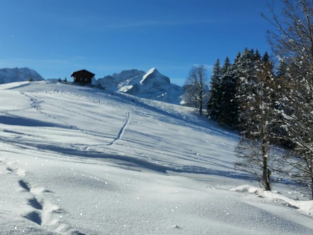 Blick auf die Alpspitze Verschneite Hänge mit einer kleinen Hütte vor markanten Bergen unter klarem blauem Himmel