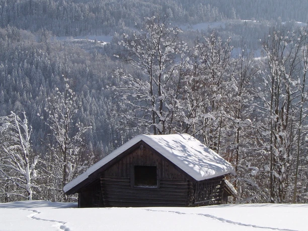 Verschneite Holzhütte Verschneite Holzhütte vor winterlichem Wald mit Spuren im tiefen Schnee