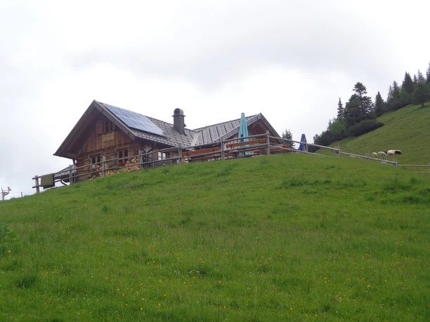 Alm Holzhütte mit Solarpanelen auf grüner Bergwiese, umgeben von Zaun und grasenden Schafen
