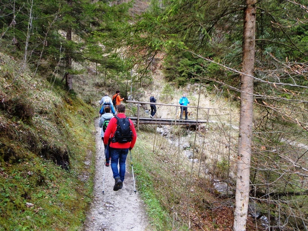 Aufstieg zu St. Martin Wandernde auf schmalem Waldweg vor einer kleinen Brücke über einen Bach in bewaldetem Gelände