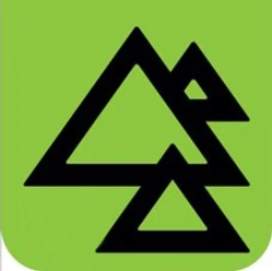Logoweg Bergtour Schwarzes geometrisches Berg- und Baumsymbol auf grünem Hintergrund