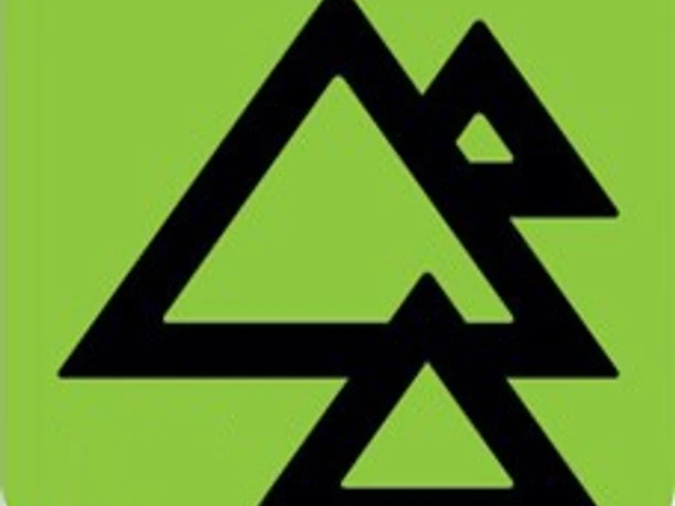 Bergtour BT5 Schwarzes Symbol aus Berg- und Baumlinien vor grünem Hintergrund.