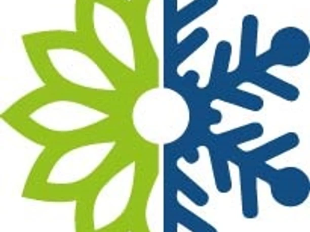 Jahreszeitenweg JZ8 Grünes Blatt und blaue Schneeflocke treffen sich als zweigeteiltes Symbol