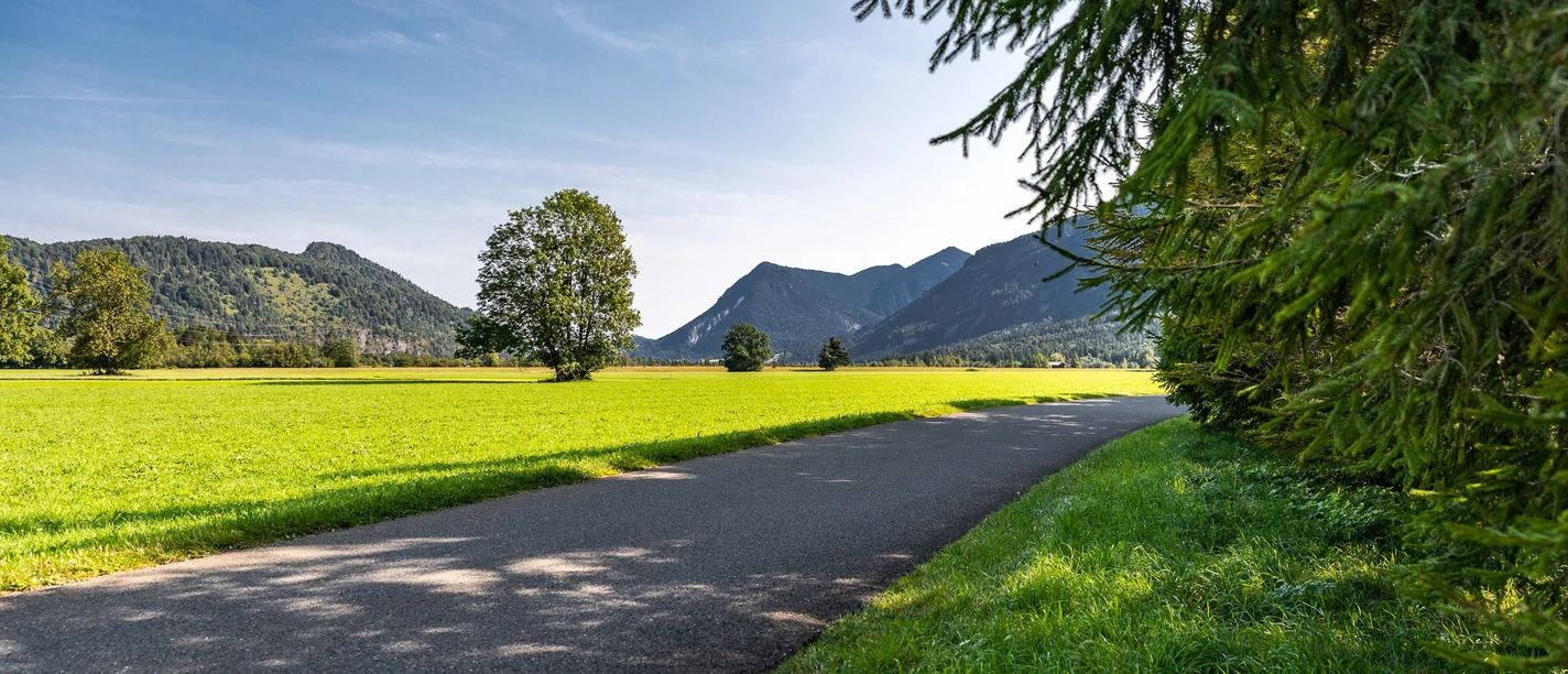 Der Blick aus der Ferne auf die bewaldeten Hügel des Ettaler Sattels