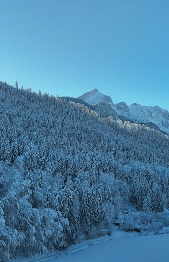 Riessersee Verschneiter Waldhang mit gefrorenem See und sonnenbeschienenen Bergen unter klarem Himmel