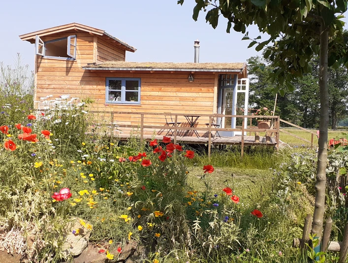 Holzhaus auf einer Veranda mit bunten Blumen, umgeben von grüner Landschaft und klarem Himmel.