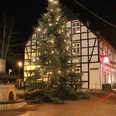 Großer, beleuchteter Weihnachtsbaum vor einem Fachwerkhaus in Rahden bei Nachtstimmung.