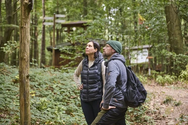 Wilddiebsroute-LTMGmbH-HirschmeierMediaGmbH&CoKG_032.jpg Zwei Personen bestaunen die grüne Waldlandschaft auf einem naturbelassenen Pfad.
