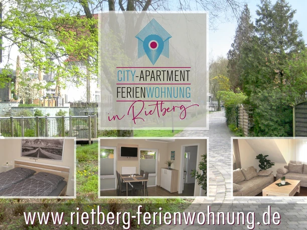 Ferienwohnung in Rietberg mit modernem Schlafzimmer, Küche und Wohnzimmer, umgeben von Natur.