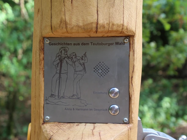 Hängematte Eine Holzsäule im Wald mit Metallschild zu Erzählungen aus dem Teutoburger Wald, umgeben von Bäumen.