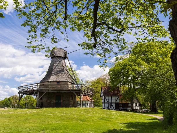 Die historische Mühle Levern mit Schindeldach liegt malerisch in einer grünen Landschaft unter blauem Himmel.