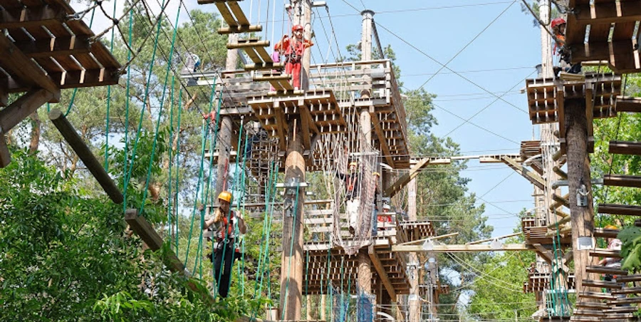 Rietberg_schnurstracks Kletterpark.jpg Mehrere Menschen klettern in einem Hochseilgarten zwischen Bäumen unter klarem Himmel.