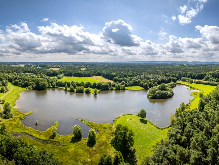 Wunderschöner See mit bewaldeten Ufern, umgeben von grünen Wiesen und sanften Hügeln.