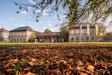 GRASSI Museumskomplex Leipzig - Museen in Leipzig Der Johannisplatz vor dem GRASSI Museumskomplex ist mit buntem Laub bedeckt, im Hintergrund ist der Eingang zum Museum, Familie, Freizeit, Ausstellungen