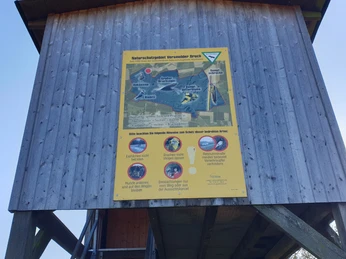Holzturm mit gelbem Infoplakat im Naturschutzgebiet. Erkundungsstation für Besucher und Naturfreunde.