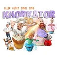 Buntes Jubiläumsbild der Band Knorkator mit Comic-Figuren in Cupcakes und festlichem Outfit.