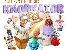 Buntes Jubiläumsbild der Band Knorkator mit Comic-Figuren in Cupcakes und festlichem Outfit.