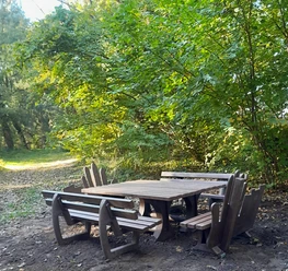 Sitzgruppe_neu.jpg Holzgarnitur mit Tisch und Bänken in einem sonnigen, grünen Waldstück. Perfekt für eine Pause.