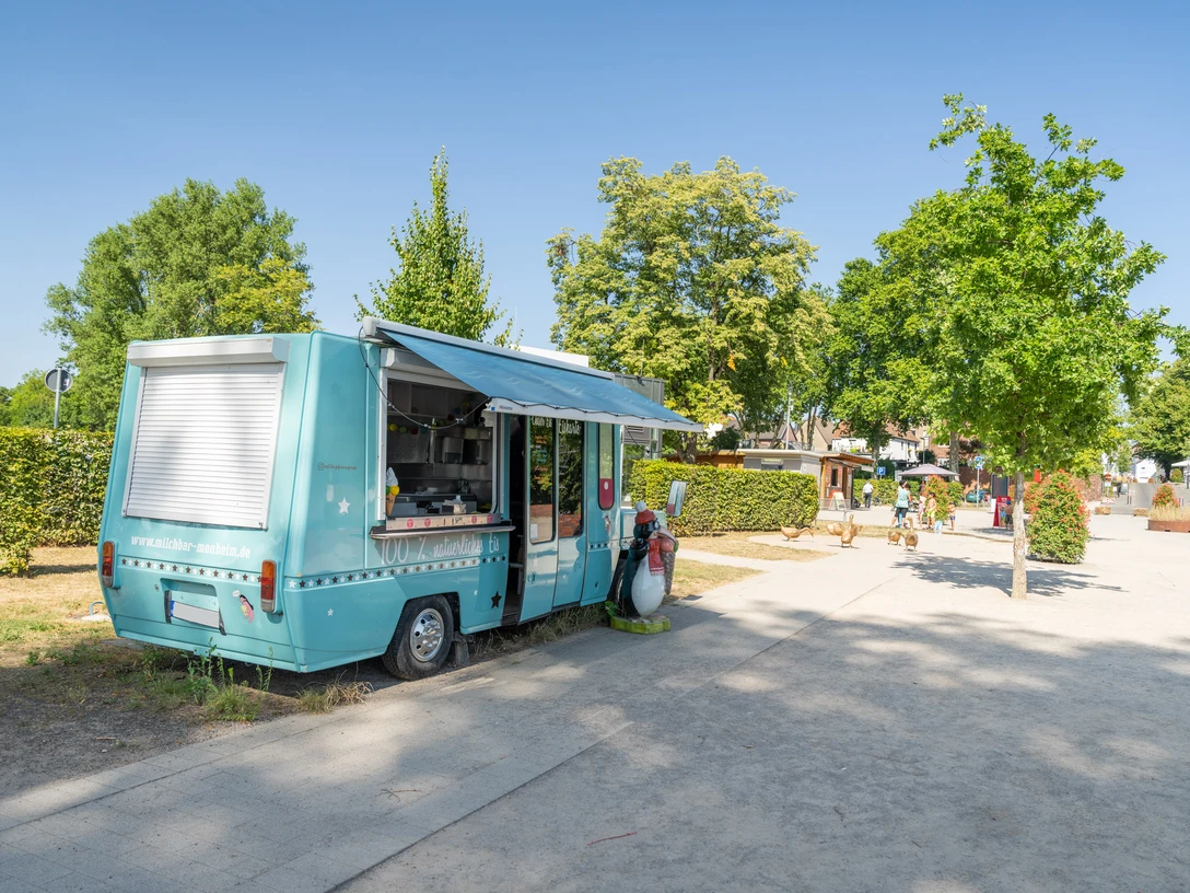 Eiswagen Fred Ein türkisfarbener Eiswagen steht auf einem Gehweg, umgeben von grünen Bäumen und Sträuchern.