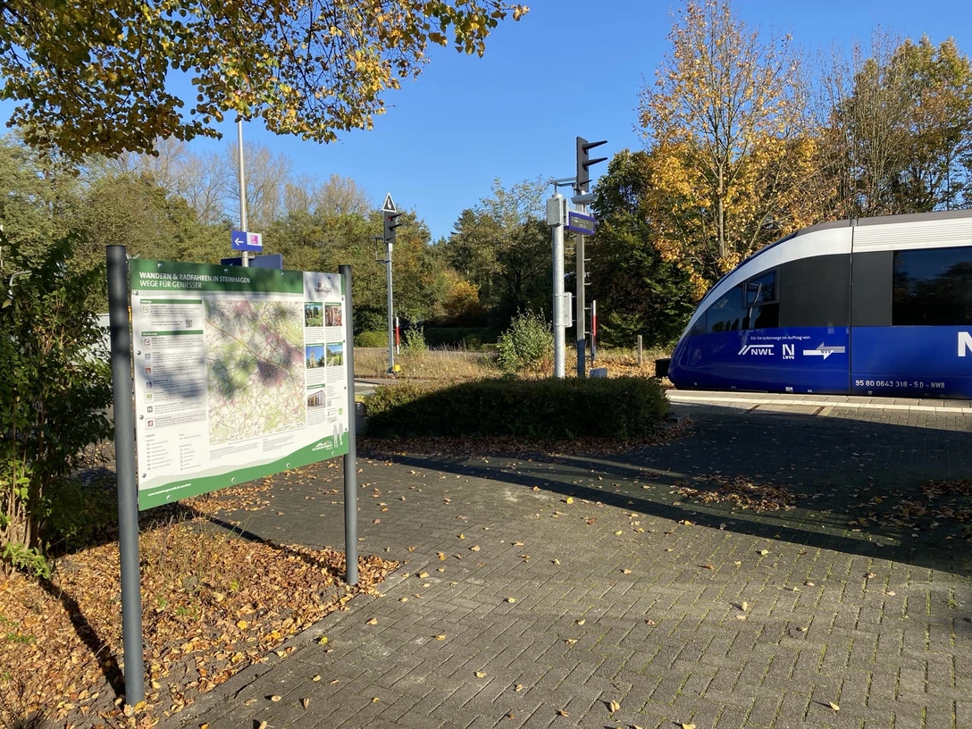 Infotafel Bahnhof Steinhagen Bahnübergang im Herbst, links Infotafel, rechts blauer Zug, umgeben von goldenen Herbstbäumen.