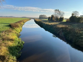 Große Aue Ein stiller Fluss fließt durch eine flache Landschaft, gesäumt von Bäumen und unter einem klaren Himmel.