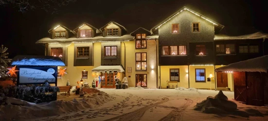 Winternachtopname van een verlicht hotel met besneeuwde gevel en uitnodigende sfeer.