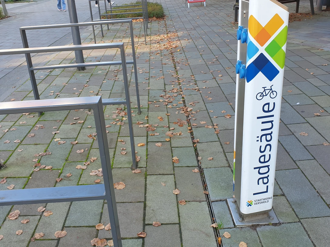 20241024_153701.jpg Eine E-Bike-Ladestation auf einem gepflasterten Gehweg, umgeben von Fahrradständern und Herbstlaub.