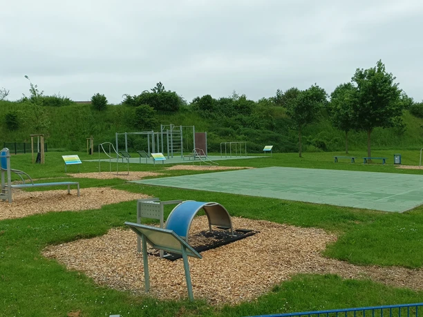 Outdoor-Fitnessbereich mit Geräten auf Rasenfläche, umgeben von Bäumen, mit Matten und Kiesflächen.