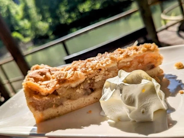 Ein Teller mit Apfelkuchen und Sahne, auf einer Terrasse mit Blick auf einen Waldsee im Sonnenlicht.
