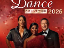 Promotional-Bild zur "Let's Dance Live Tour 2025" mit drei elegant gekleideten Personen.