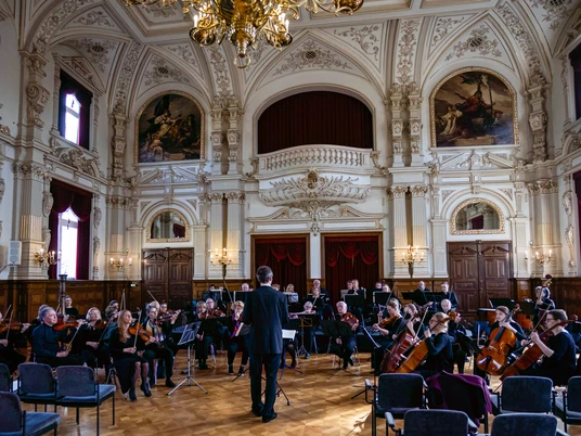 Schlossorchester Oldenburg Opulenter Saal mit dekorativen Deckenverzierungen, in dem Schlossorchester Oldenburg probt.