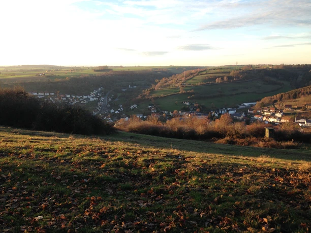 Blick über die sanften Hügel der Region Dalhausen bei Sonnenuntergang, mit verstreuten Häusern.