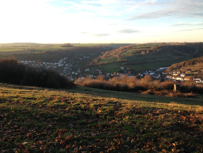 Blick über die sanften Hügel der Region Dalhausen bei Sonnenuntergang, mit verstreuten Häusern.